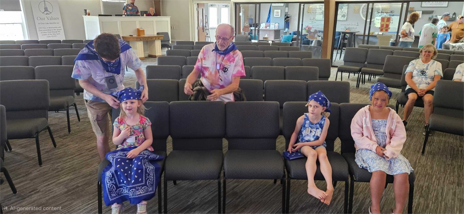 Children preparing for VBS activities with leaders in the sanctuary
